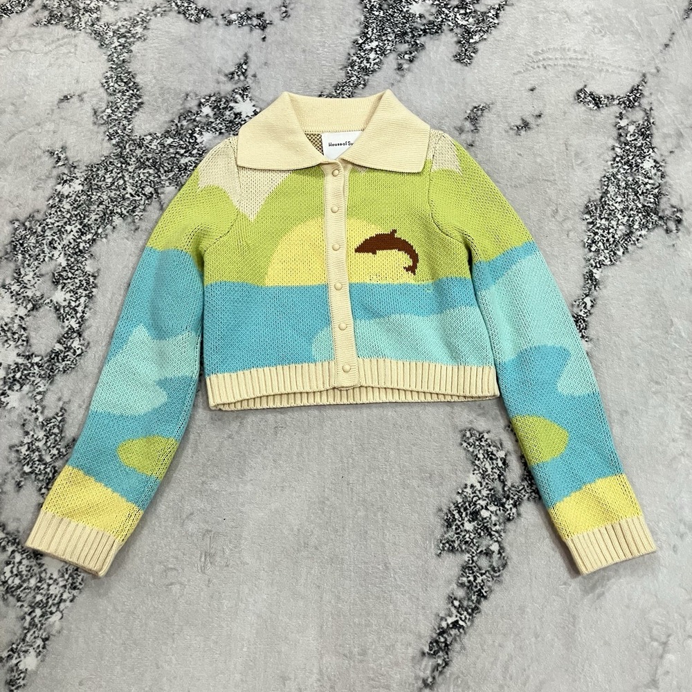 House of Sunny Dolphin Knit Cardigan Cropped Collared Button Up Womens US 2